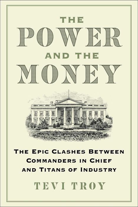 "The Power and the Money" Buchumschlag mit klassischer Illustration eines großen Gebäudes im Zentrum. Autor: Tevi Troy.
