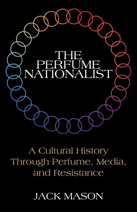 „THE PERFUME NATIONALIST“ steht zentral in Weiß. Kreis aus bunten Ringen umrahmt den Text auf schwarzem Hintergrund.
