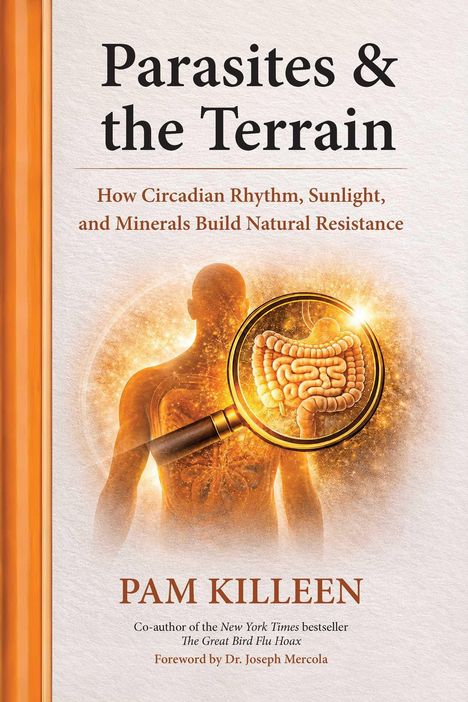 "Parasites & the Terrain" oben. Autor "Pam Killeen". Mensch mit Lupe auf Darm beleuchtet im Zentrum.