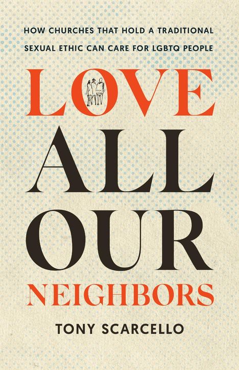 "Love All Our Neighbors" in großen Buchstaben. Ein minimalistisches Bild von drei Personen in einem Kreis.