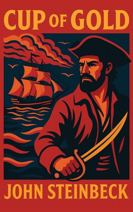 „CUP OF GOLD“ und „JOHN STEINBECK“. Ein Pirat mit Säbel blickt entschlossen, im Hintergrund ein Segelschiff.