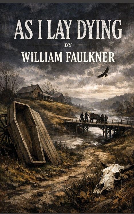 "AS I LAY DYING" von William Faulkner. Eine ländliche Szene: Sarg, Brücke, Menschen, stürmischer Himmel, Vogelflug, Tierknochen.