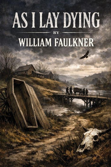 "AS I LAY DYING BY WILLIAM FAULKNER". Illustration: ländliche Szene mit Sarg, Fluss, Brücke, Menschen, Tierknochen, düsterer Himmel.