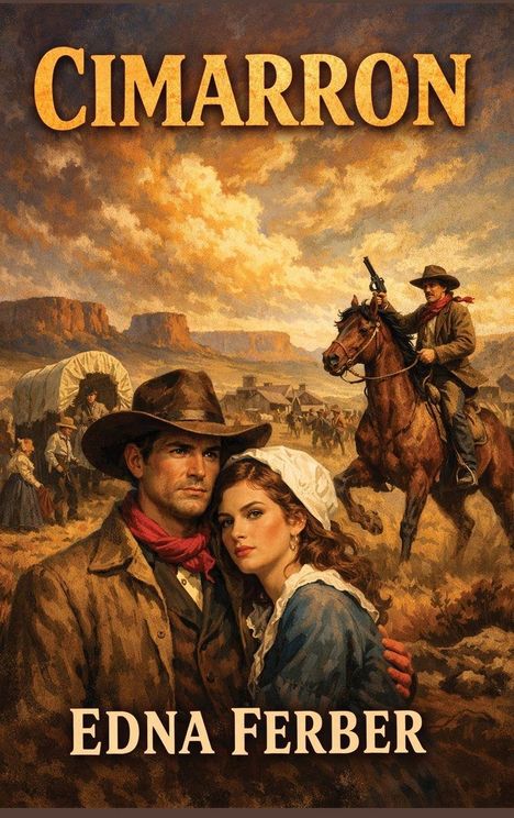 "CIMARRON" und "EDNA FERBER". Ein Paar in Westernkleidung, ein Reiter mit Pistole, Planwagen und Gebäude im Hintergrund.