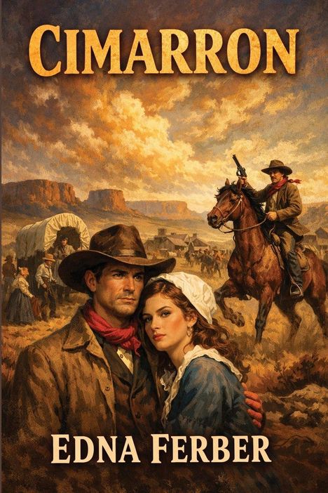 „CIMARRON“, „EDNA FERBER“. Eine Western-Illustration, zeigt ein Paar in historischer Kleidung, Reiter mit Gewehr, Planwagen.