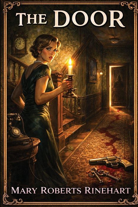 "The Door" von Mary Roberts Rinehart zeigt eine Frau mit Kerze in einem düsteren Flur mit Blutspur und Revolver.