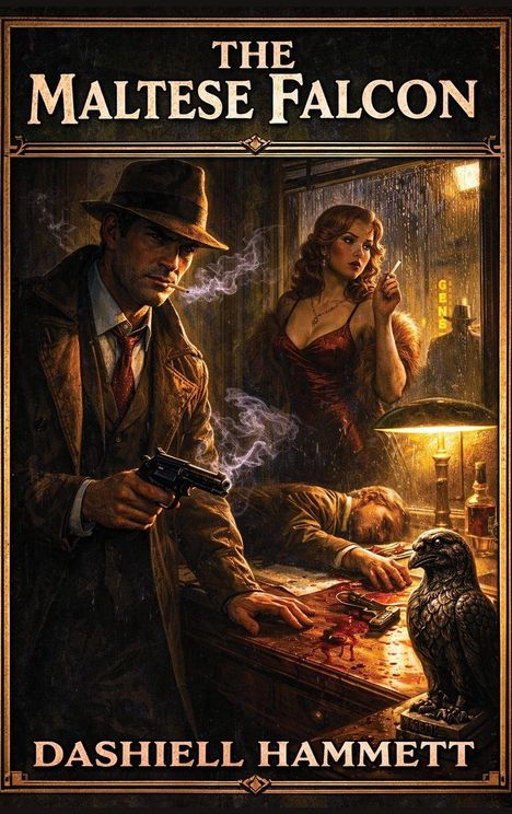 "The Maltese Falcon" von Dashiell Hammett. Noir-Illustration mit Detektiv, Frau und Falke in düsterer Szene.