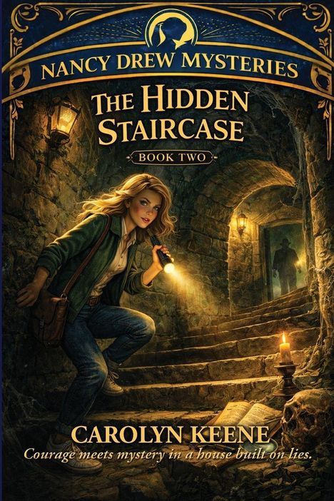"Nancy Drew Mysteries: The Hidden Staircase, Book Two, Carolyn Keene. Eine Frau mit Taschenlampe in einem alten Tunnel."