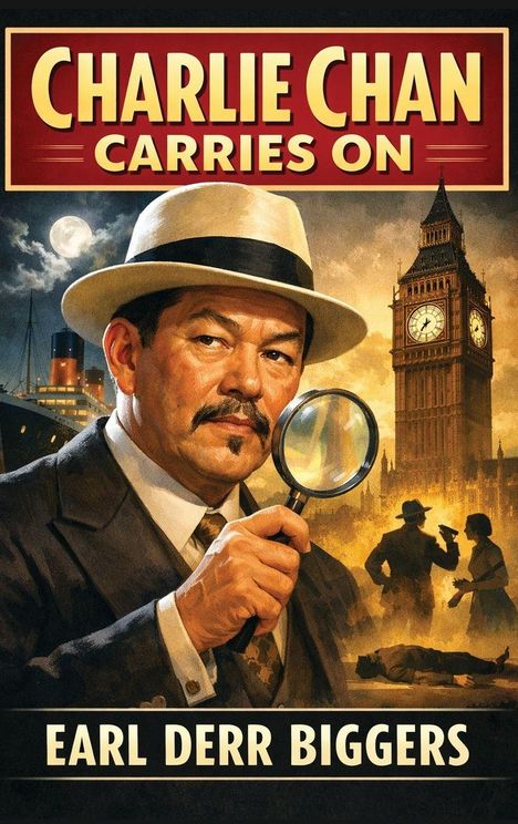 "CHARLIE CHAN CARRIES ON" von Earl Derr Biggers. Ein Detektiv mit Lupe vor Big Ben und einer Londoner Szene.