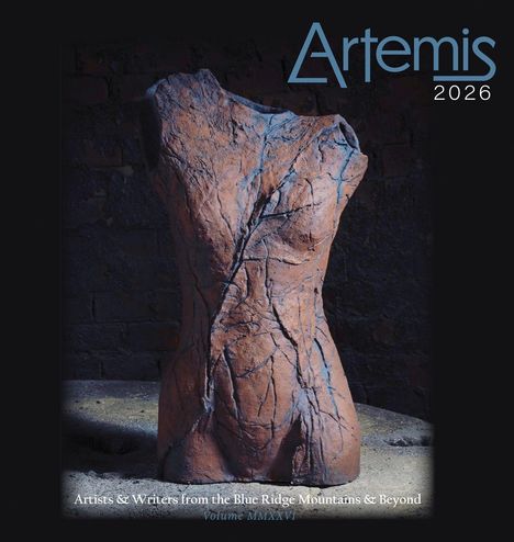 "Artemis 2026", eine skulpturale Torso-Darstellung, mit blauen Zweig-ähnlichen Linien; dunkelblauer Hintergrund.