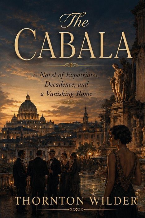 „The Cabala - A Novel of Expatriates, Decadence, and a Vanishing Rome.“ Vor einer abendlichen Stadtansicht, Menschen.
