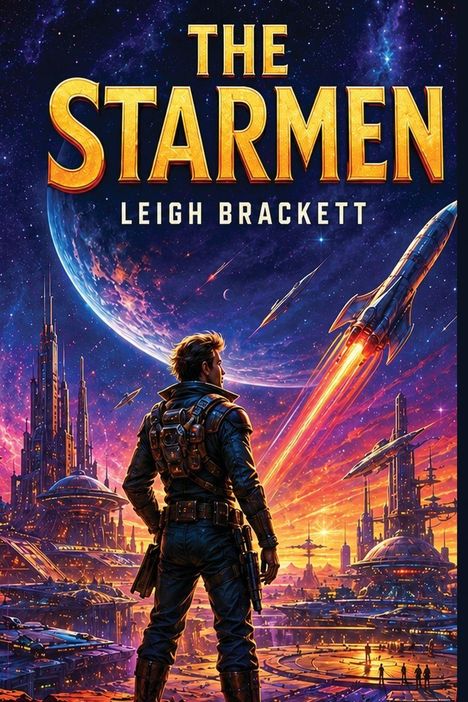 "The Starmen" und "Leigh Brackett" in einer Sci-Fi Illustration. Ein Astronaut blickt auf futuristische Stadt und Raketen.