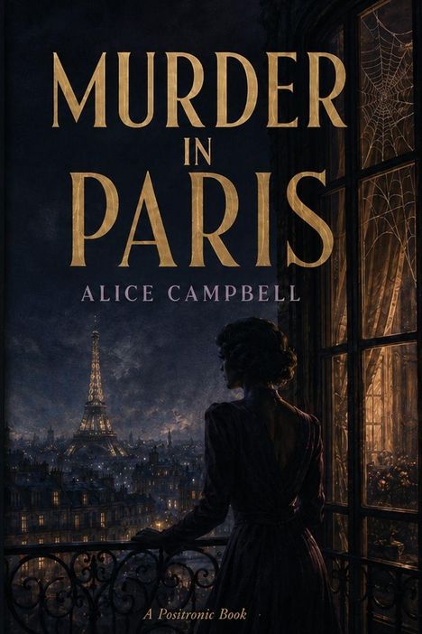 Text: "MURDER IN PARIS, ALICE CAMPBELL". Eine Frau steht am Fenster, blickt auf den beleuchteten Eiffelturm bei Nacht.