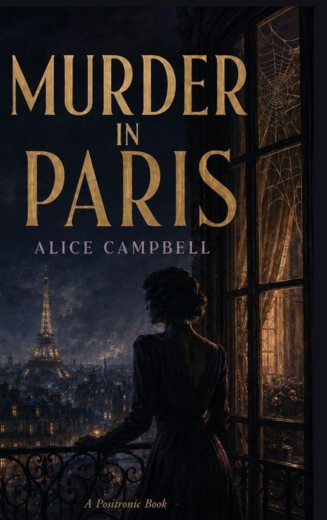„Murder in Paris“ von Alice Campbell. Eine Frau steht am Fenster, blickt auf den beleuchteten Eiffelturm bei Nacht.