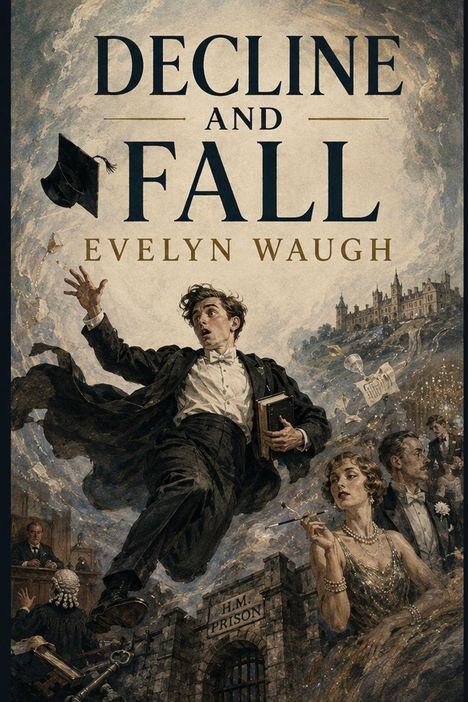 „Decline and Fall“, Evelyn Waugh. Eine stürmische Szene mit einem Mann im Smoking, wirbelnde Hüte und Bücher.