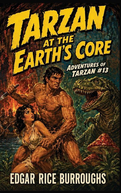 „TARZAN AT THE EARTH'S CORE“, „ADVENTURES OF TARZAN #13“; Tarzan kämpft mit Lendenschurz vor einem Dinosaurier.