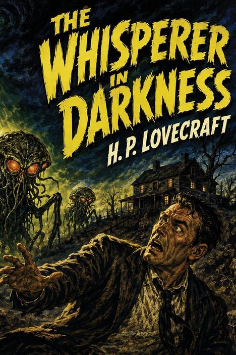 "The Whisperer in Darkness. H.P. Lovecraft." Eine düstere Illustration mit zwei Kreaturen und einem verängstigten Mann.