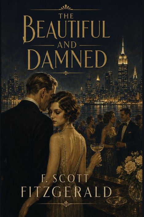 „The Beautiful and Damned“, F. Scott Fitzgerald. Zwei elegant gekleidete Menschen bei einer Party mit Skyline im Hintergrund.