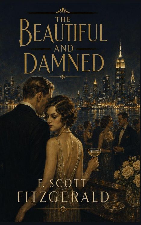 Text: "The Beautiful and Damned" und "F. Scott Fitzgerald". Illustration: Paar auf einer eleganten Party, Stadt im Hintergrund.