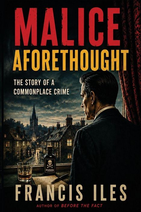 "Malice Aforethought: The Story of a Commonplace Crime. Francis Iles. Eine Flasche Gift vor einem nachdenklichen Mann."