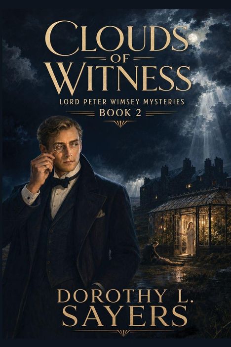 "Clouds of Witness", "Lord Peter Wimsey Mysteries Book 2", "Dorothy L. Sayers". 

Ein Mann mit Monokel vor einer Gewächshaus-Szene.