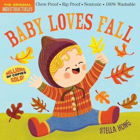 „Baby Loves Fall“, Illustration eines fröhlichen Babys mit Blättern, es trägt eine Mütze und spielt im Herbstlaub.