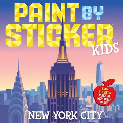 Text: "PAINT BY STICKER KIDS", "NEW YORK CITY", "600+ STICKERS MAKE 10 INCREDIBLE IMAGES". Illustration der New Yorker Skyline.