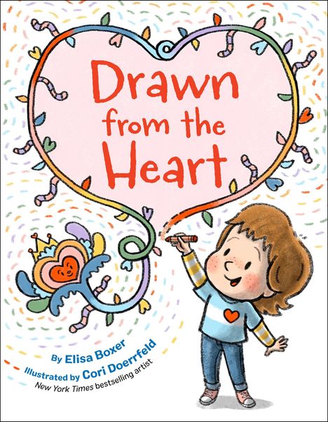 Der Text „Drawn from the Heart“ steht in einem herzförmigen Rahmen. Ein fröhliches Kind hält einen Stift, daneben eine bunte Zeichnung.