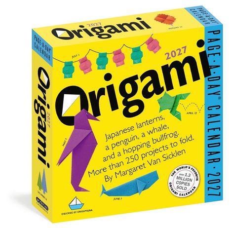 "Origami 2027 PAGE•A•DAY® CALENDAR. Japanese lanterns, penguin, whale. More than 250 projects. Gelber Hintergrund."