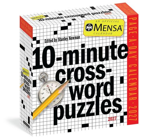 "10-minute crossword puzzles", Mensa-Logo, Stoppuhr, Bleistift, roter Rand mit "PAGE-A-DAY CALENDAR 2027".