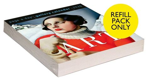 Text: "page-a-day® gallery calendar 2026", "REFILL PACK ONLY", "ART". Illustration einer Frau in roten und weißen Kleidern.