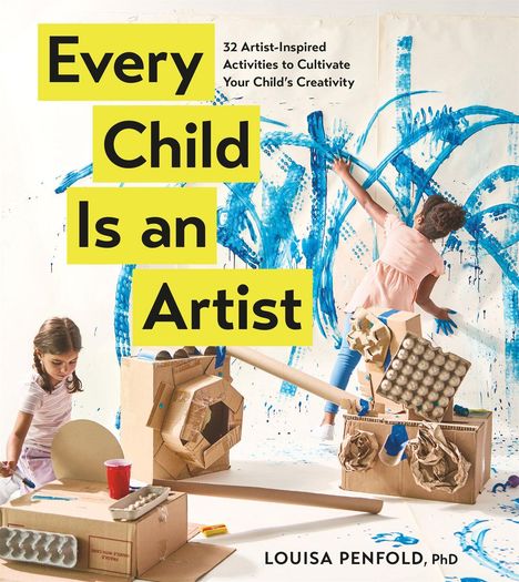 „Every Child Is an Artist“. Kinder malen mit blauer Farbe und spielen mit Karton. Autor: Louisa Penfold, PhD.