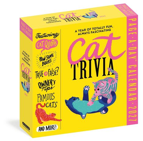 "Cat Trivia", lustige Fakten, Zitate, berühmte Katzen; bunte Illustration von zwei spielenden Katzen auf gelbem Hintergrund.