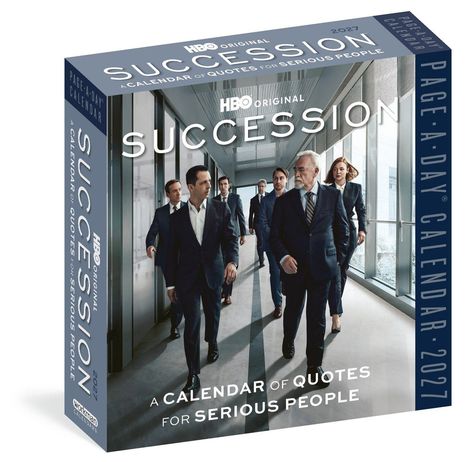 Auf der Verpackung: "HBO Original Succession", "Page-A-Day Calendar 2027", "A Calendar of Quotes for Serious People". Büroangestellte in Anzügen.