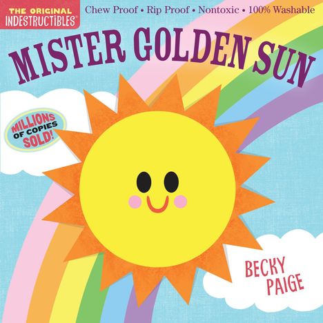 "MISTER GOLDEN SUN", Illustration zeigt fröhliche Sonne mit Gesicht, Regenbogen im Hintergrund, Text: "MILLIONS OF COPIES SOLD!"