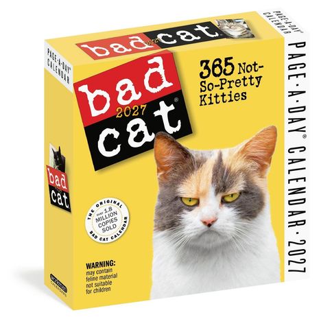 „bad cat 2027“, „365 Not-So-Pretty Kitties“. Bild einer mürrisch aussehenden Katze auf gelbem Hintergrund.