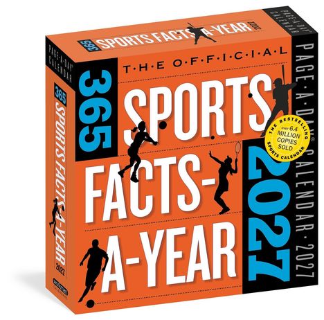 "365 Sports Facts-A-Year 2027" in großer Schrift. Silhouetten von Sportlern auf einem orange-blauen Hintergrund.