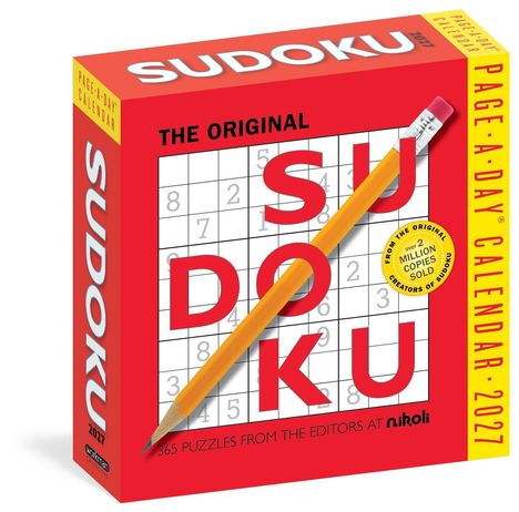 "THE ORIGINAL SUDOKU", "PAGE-A-DAY CALENDAR 2027", mit Bleistiftmotiv auf rotem Hintergrund.