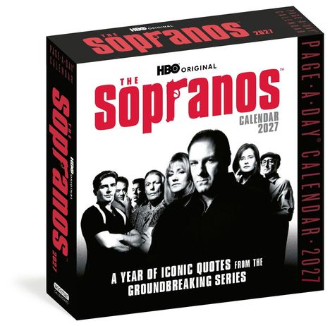 "The Sopranos", HBO Original. Kalender 2027 mit ikonischen Zitaten und einem Schwarz-Weiß-Foto der Charaktere.