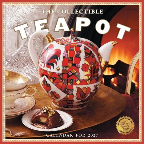 "The Collectible Teapot" und "Calendar for 2027" sind Haupttexte. Bunte Teekanne, goldverzierte Tassen und Nachspeise vor Kamin.