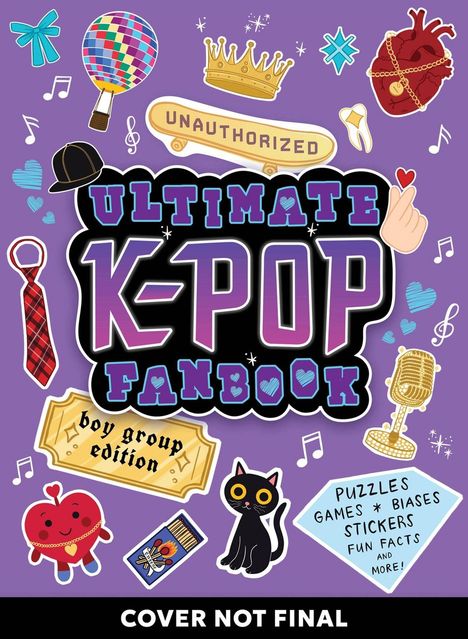 Illustration mit "Unauthorized Ultimate K-Pop Fanbook" in lebhaften Farben, umgeben von bunten Stickern und Symbolen.