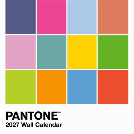 "PANTONE 2027 Wall Calendar." Eine Grafik mit 12 verschiedenfarbigen Quadraten in einem 4x3-Raster.