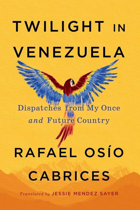 „TWILIGHT IN VENEZUELA“ von Rafael Osío Cabrices. Gelber Hintergrund, Papagei mit ausgebreiteten Flügeln.