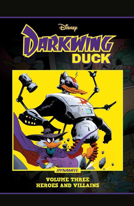 Titel: "Darkwing Duck". Untertitel: "Volume Three - Heroes and Villains". Illustration: Enten-Superheld vor einem Roboter.