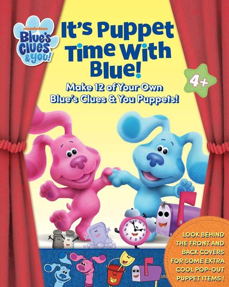 „It’s Puppet Time With Blue! Make 12 of Your Own Blue’s Clues & You Puppets!“ Zwei bunte Hunde und verspielte Elemente.