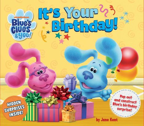 „It’s Your Birthday!“, „Hidden Surprises Inside!“, fröhliche blaue und pinke Hunde mit Geschenken und Ballons.