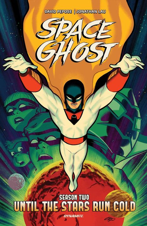 "Space Ghost: Season Two - Until the Stars Run Cold". Ein Held schwebt, umgeben von Gesichtern und einem roten Planeten.