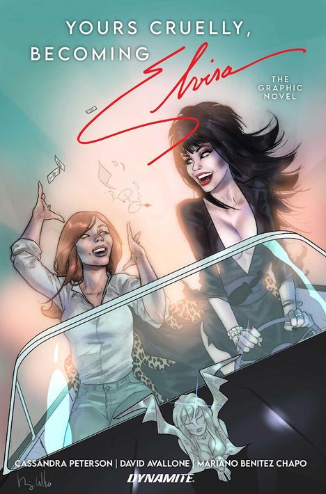 „Yours Cruelly, Becoming Elvira: The Graphic Novel“. Zwei lachende Frauen fahren offen im Auto.
