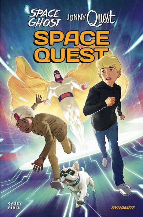 Oben steht "SPACE GHOST Jonny QUEST SPACE QUEST". Darunter rennen zwei Jungen und ein Hund. Ein Held schwebt im Hintergrund.