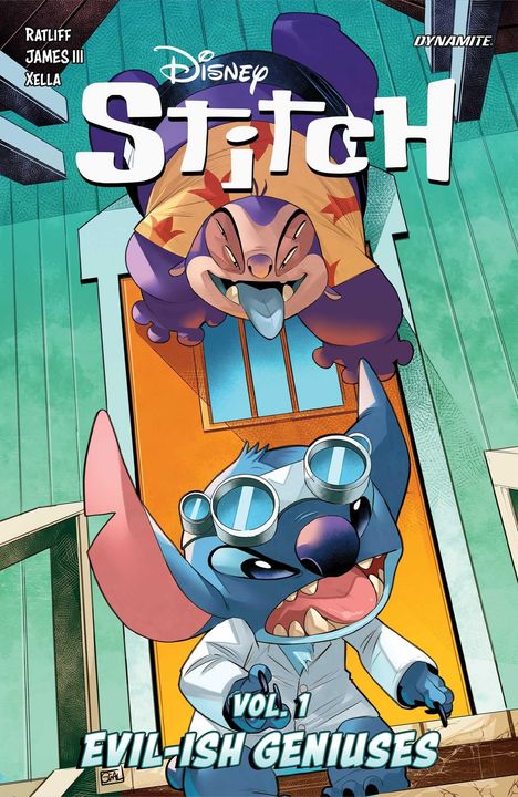 "Disney Stitch. Vol. 1: Evil-ish Geniuses." Comicstil, zwei Figuren, eine lila mit herausgestreckter Zunge und eine blaue mit Brille.